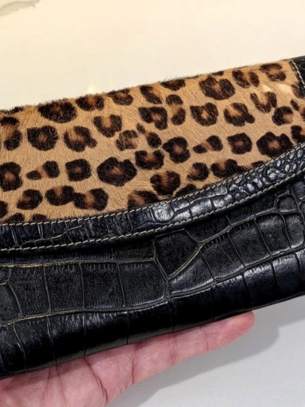 Brahmin Black Leather & Pony Hair Cheetah Wallet Checkbook Pocketbook